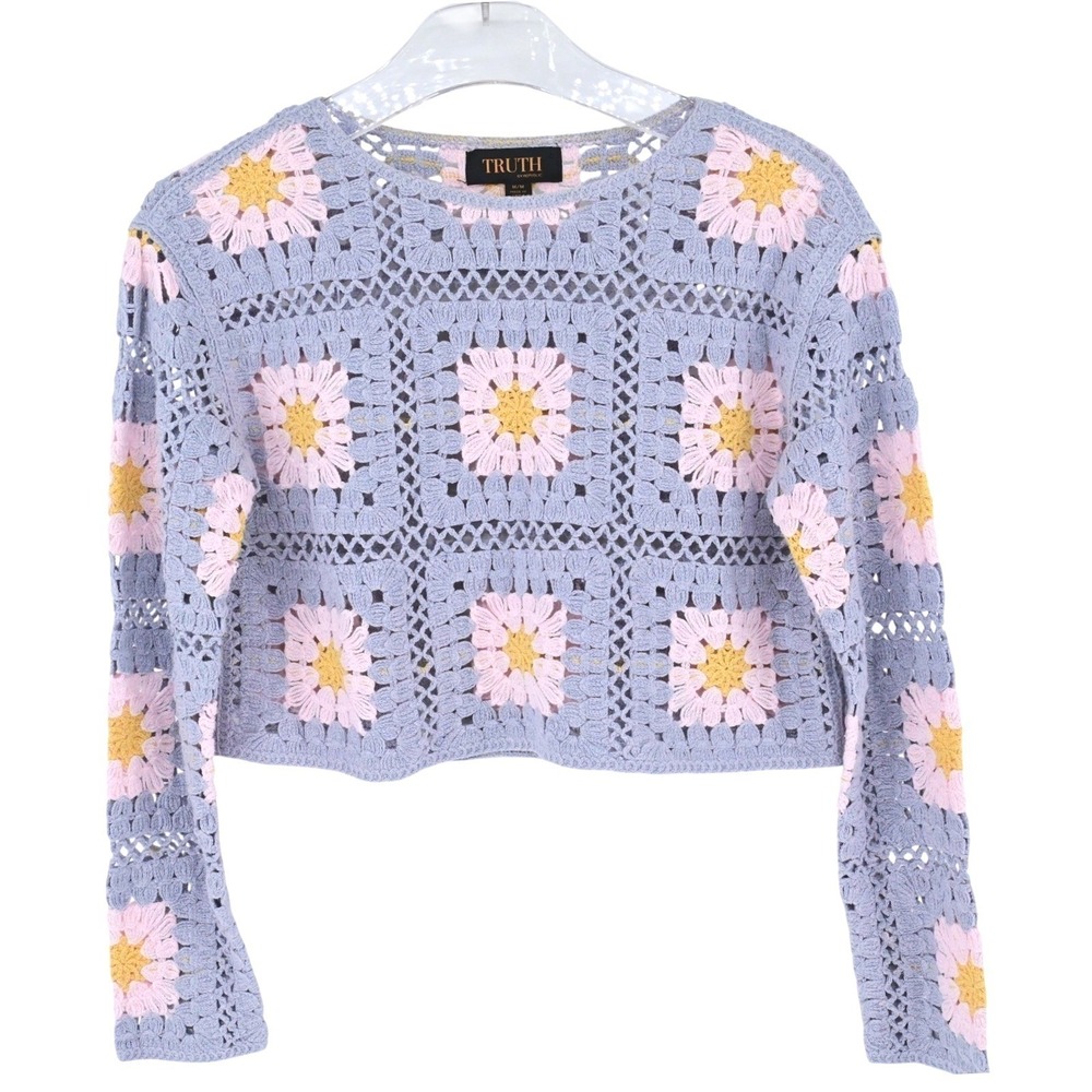Granny Core‎ Crochet Patchwork Flower Sweater Boho Cottagecore Pastel Crop M